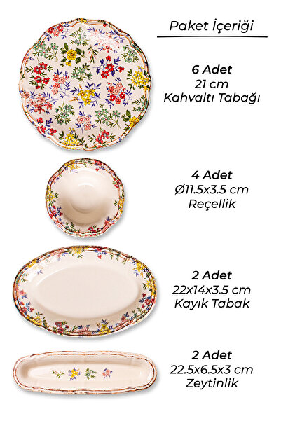 Snippy Rosso -14 Parça Porselen Kenarları Silik Vintage Tuval Model Kahvaltı Takımı 6 Kişilik Kahvaltı Seti