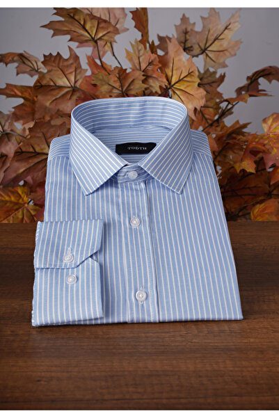 Todth Kolay Ütülenebilen Dört Mevsim Modern Fit Yumuşak Dokulu Mavi Beyaz Çizgili Erkek Gömlek