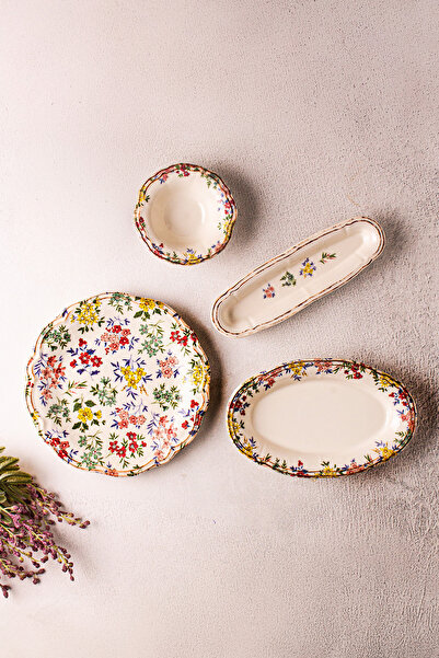 Snippy Rosso -14 Parça Porselen Kenarları Silik Vintage Tuval Model Kahvaltı Takımı 6 Kişilik Kahvaltı Seti