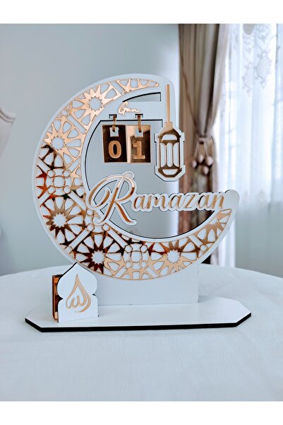 Joyygift RAMAZAN GÜN SAYACI AHŞAP MASA ÜSTÜ DEKORATİF BEYAZ AHŞAP GOLD PLEKSİ MASA TAKVİMİ RAMAZAN SAYAÇ