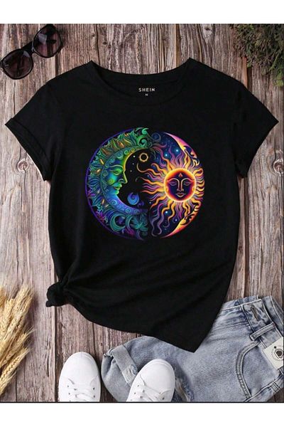 MODARİCH Πολύχρωμο μπλουζάκι Moon Sun Design - Μαύρο Oversize με στάμπα με λαιμόκοψη με κοντό μανίκι φαρδύ