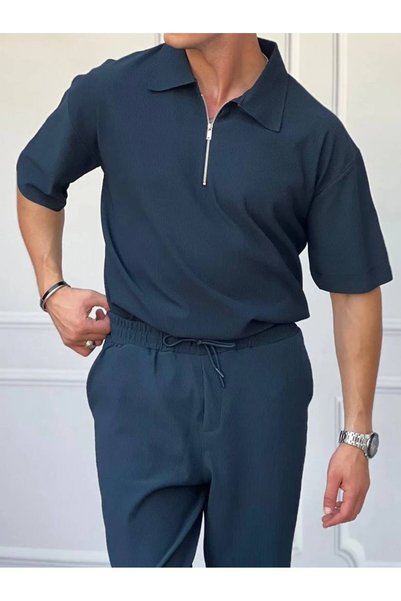 tetramoda Ribbed Half Zipper Polo Neck T-Shirt