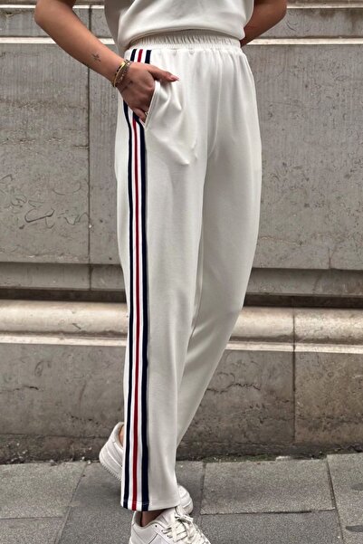 Ded COLLECTION Γυναικεία ριγέ λεπτομέρεια κοντομάνικη μπλούζα και παντελόνι καρότο Modal υφασμάτινο σετ