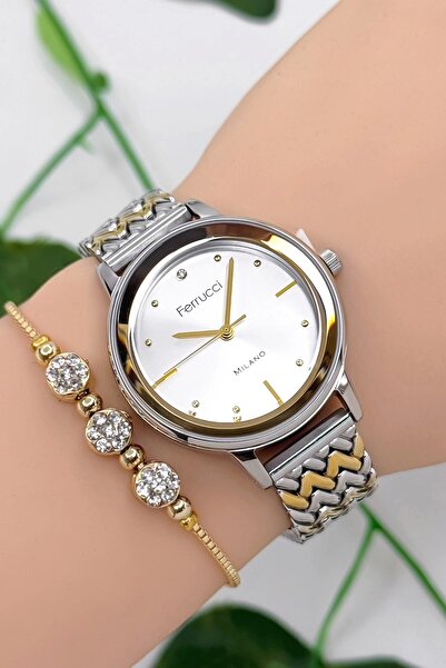 Ferrucci Çelik Kordon Çelik Kasa Kadın Kol Saati, 3 ATM Su Geçirmez Gold-Gümüş zmfer178