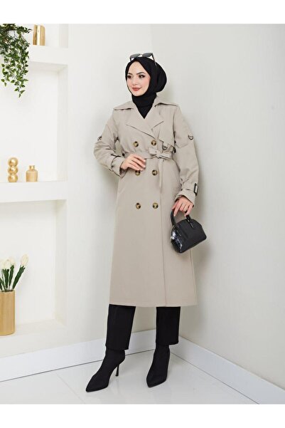 ELBİSHE Kruvaze Yakalı Düğme Detaylı Bağlamalı Trençkot