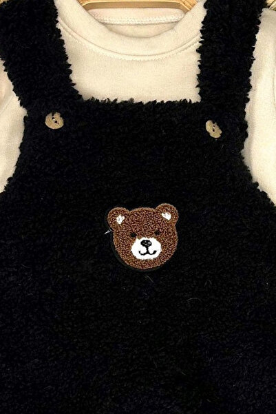 VALERY Baby Boy Bear Embroidered Plush Gardener Jumpsuit Set Black