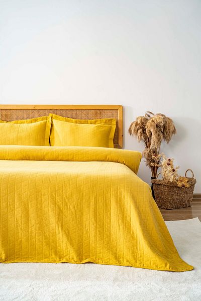 Rivaİstanbul Orella Yellow Double Jacquard Bedspread Set 3 Piece Sleeping Set