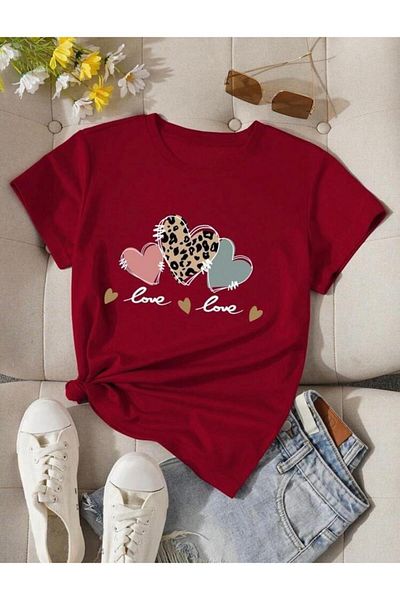 Medinenur Heart Printed Basic T-Shirt