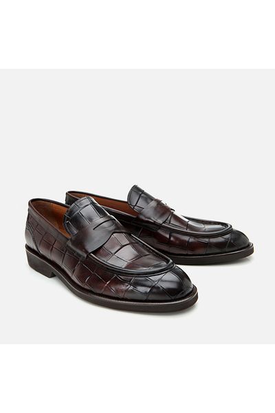 Hotiç Γνήσιο δέρμα καφέ ανδρικό loafer με σχέδιο κροκόδειλου