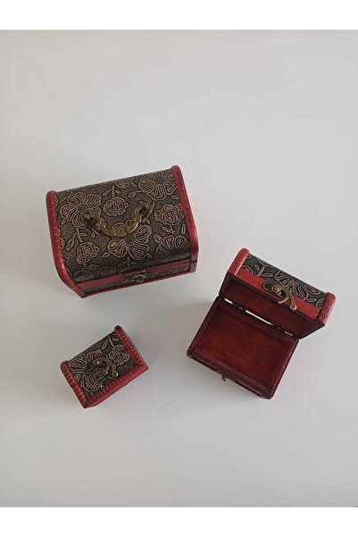 TH Trabzon Hatırası 3 lü ahşap Deri Sandık Kutusu.
