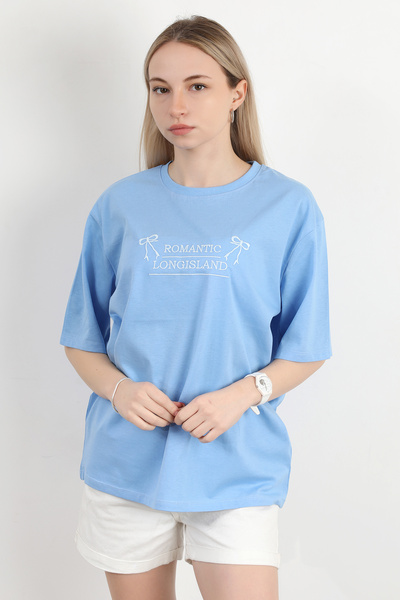 GİYSA Γυναικείο T-Shirt με μπλε κεντημένο λαιμόκοψη - 925017