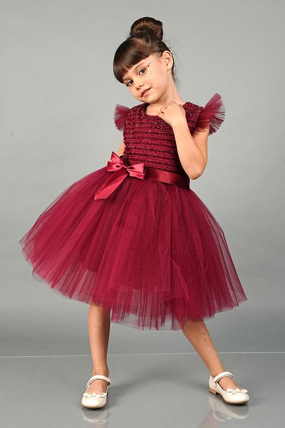 Delfini kids Rochie de seara din tul cu maneci pompon pentru petrecere si ziua de nastere