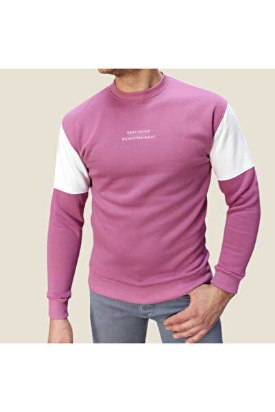 Kabartma Baskılı Pembe Bisiklet Yaka 3 İplik Sweatshirt