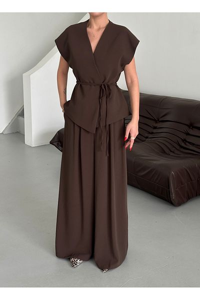 Laluvia Brown Juana Vest Pants Set - 8597