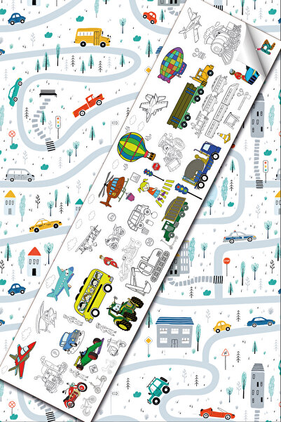Renkli Zeka Taşıtlar Temalı 62x250cm Dev Boyama Kağıdı Arabalar Temalı Dev Boyama Aktivitesi Rulo Kağıt