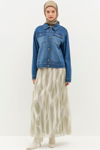 Tuğba Desenli File Plisoley Etek - Yeşil