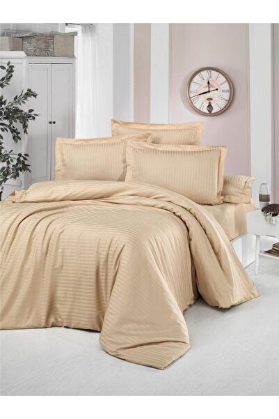 vionetta طقم غطاء لحاف مفرد من القطن الساتان المخطط باللون البيج من سلسلة فنا...