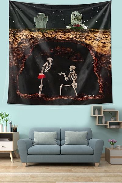 on the clouds Love Themed Skeletons under the Grave - Funny Stain Resistant Fabric Tapestry