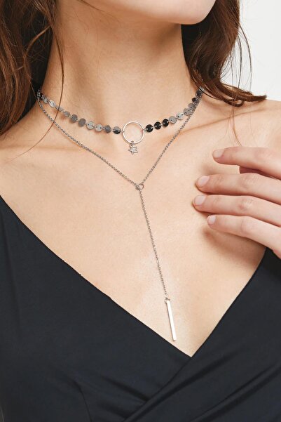 New Obsessions قلادة فضية بونو ذات طبقتين باللون الفضي