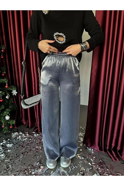 solena sln Women's Elastic Waist Shiny Satin Trousers