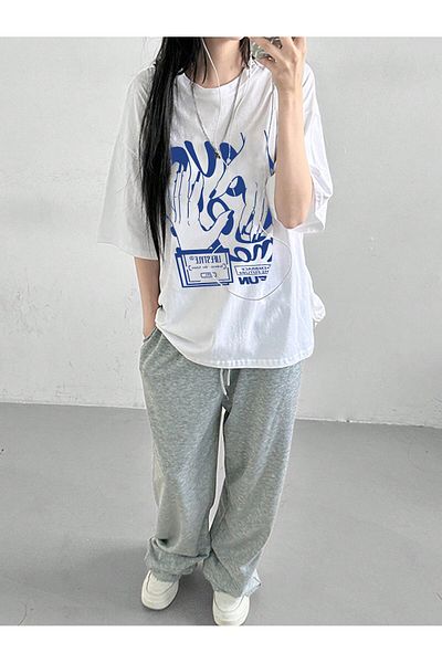 MODARİCH Λευκό μπλουζάκι με στάμπα Oversize - Fun Design, Crew Neck, Κοντό μανίκι