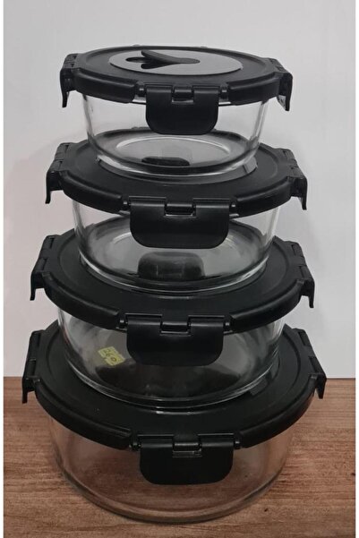 Sembol Freshlock Vakumlu Kilitli Borosilikat Cam 4'lü Yuvarlak Cam Saklama Kabı Siyah