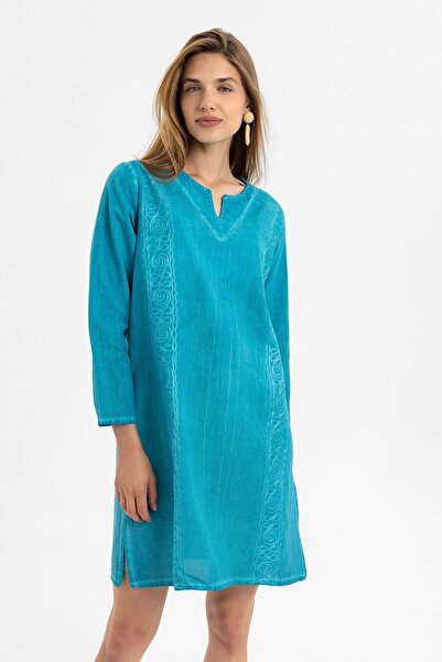 Deriderim Довгорукава бірюзова сукня з вишивкою, без підкладки, з бавовняної тканини