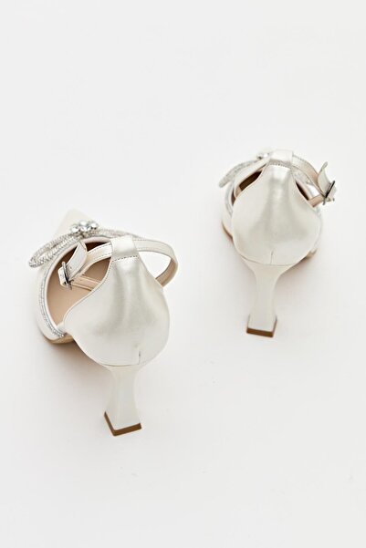 Hayati Arman Women's Mustache Bow Stone Detailed Evening Dress Shoes White Sedef