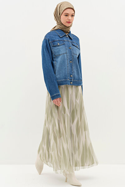 Tuğba Desenli File Plisoley Etek - Yeşil