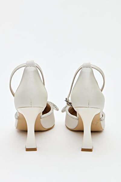 Hayati Arman Women's Mustache Bow Stone Detailed Evening Dress Shoes White Satin