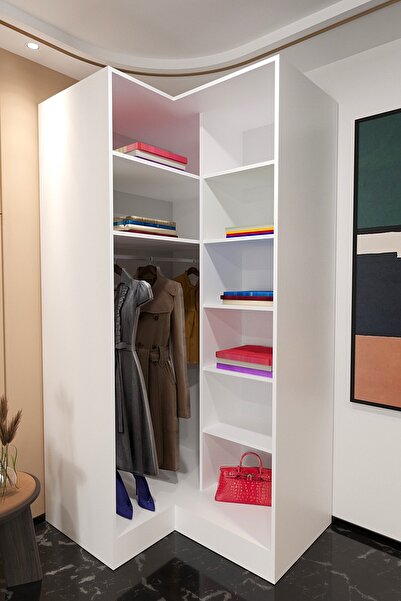 Mercie 100x115 Cm'lik Köşe 8 Raflı Askılıklı Giyinme Dolap-beyaz