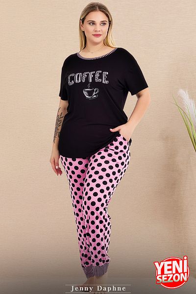 Jenny Daphne Plus Size Lady's Polka Dot Pajamas - Short Sleeve, Leg Detail Suit 11004