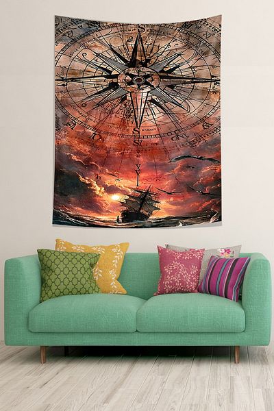 on the clouds Compass and Ship Stain Resistant Fabric, Wall Tapestry and Tapestry