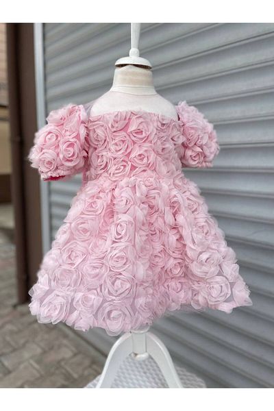 Sare Çocuk Giyim Baby Girl Pink Rose Motif Special Occasion Kids Birthday Evening Dress