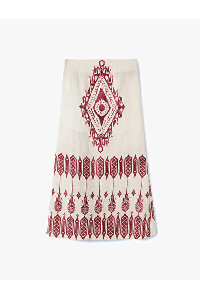 Koton Lacing Detailed Viscose Ethnic Patterned Midi Double Breasted Sarong Skirt