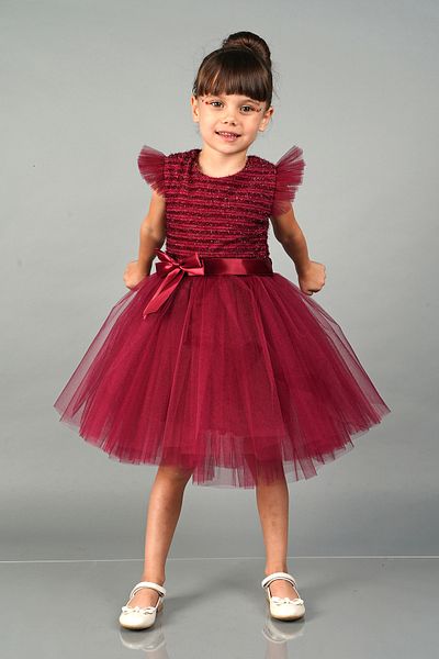 Delfini kids Rochie de seara din tul cu maneci pompon pentru petrecere si ziua de nastere