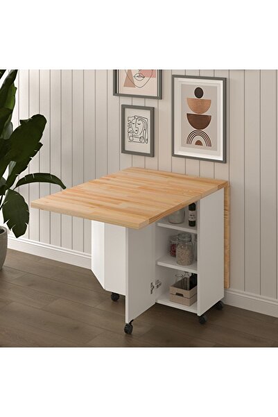 asratrend Masif Ahşap Tablalı Katlanır Masa - Çalışma Yemek Mutfak Masası ASRA TREND KM-22 ÇAM