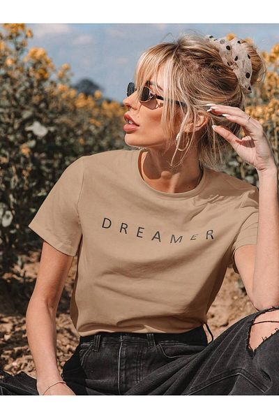 MODARİCH Dreamer Text Oversize Beige T-shirt - Crew Neck, εμπριμέ, κοντό μανίκι