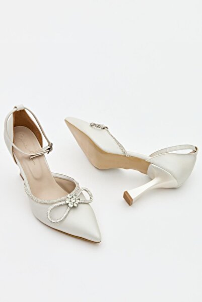 Hayati Arman Women's Mustache Bow Stone Detailed Evening Dress Shoes White Satin