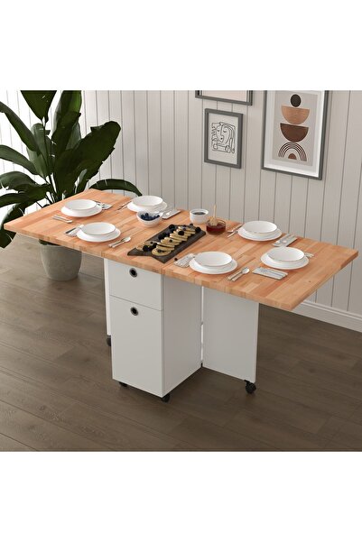 asratrend Masif Ahşap Tablalı Katlanır Masa - Çalışma Yemek Mutfak Masası ASRA TREND KM-23 KAYIN
