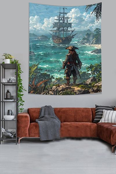on the clouds In the Ocean - Ship and Pirate Themed Non-Stick Fabric Wall Tapestry