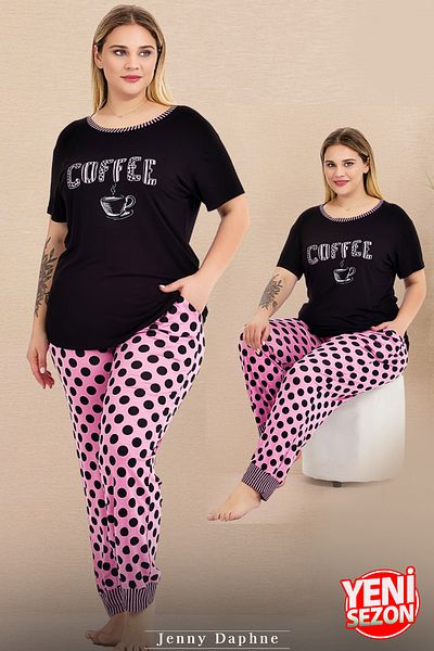 Jenny Daphne Plus Size Lady's Polka Dot Pajamas - Short Sleeve, Leg Detail Suit 11004