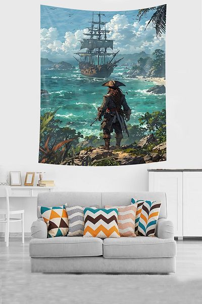 on the clouds In the Ocean - Ship and Pirate Themed Non-Stick Fabric Wall Tapestry