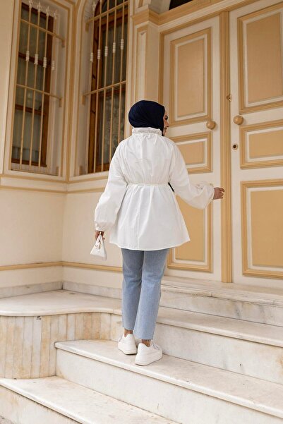 LOCCO Kadın Yaka Büzgülü Bel Bağlamalı Tunik Beyaz