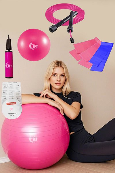 Jet Economical Pilates Set Containing 9 Pieces Home & Salon Type Plates Ball Set 3 Piece Resistance Band Skipping Rope