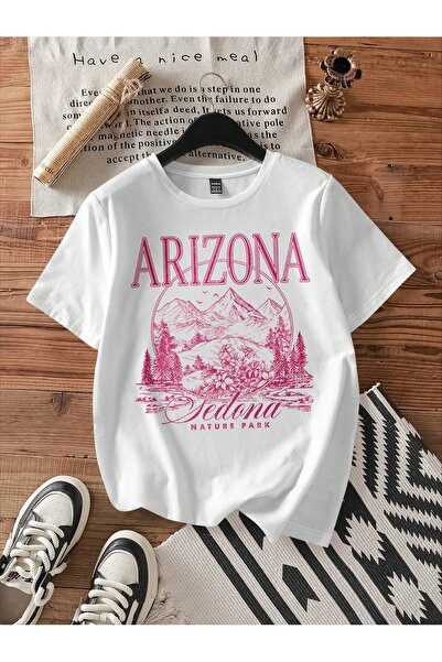 MODARİCH Μπλουζάκι με στάμπα Arizona Sedona Oversize - Λευκό, Λαιμόκοψη, Κοντ...