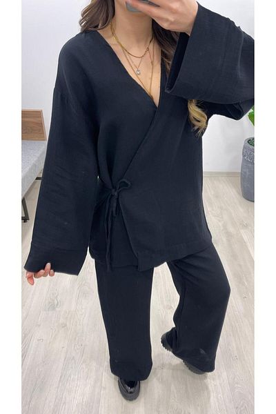 Nazline Women's Side-Tie Muslim Fabric Waist Elastic Loose Leg Pants Suit