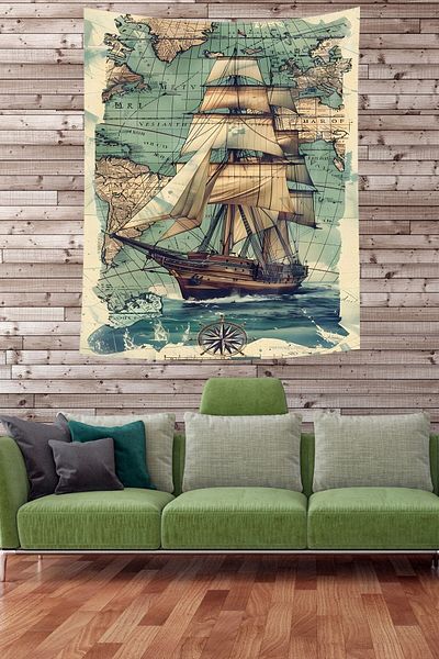 on the clouds Vintage Sailing Ship - Wall Cover and Carpet Tapestry with Non-Grasping Fabric