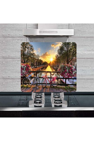 Saban Decorative Glass Stove Back Protector and Cutting Board Amsterdam (50cm X 56cm) Single Piece