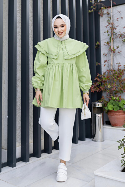 LOCCO Γυναικείο πουκάμισο με διπλό γιακά με κορδόνι φιστίκι πράσινο